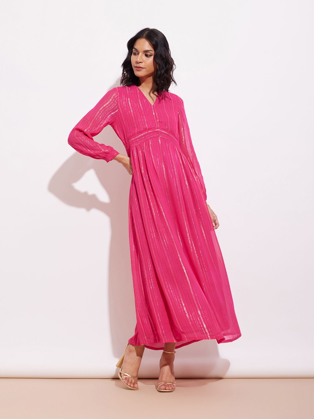 

Pink Fort Women Striped Cuffed Sleeves Georgette Maxi Dress, Fuchsia