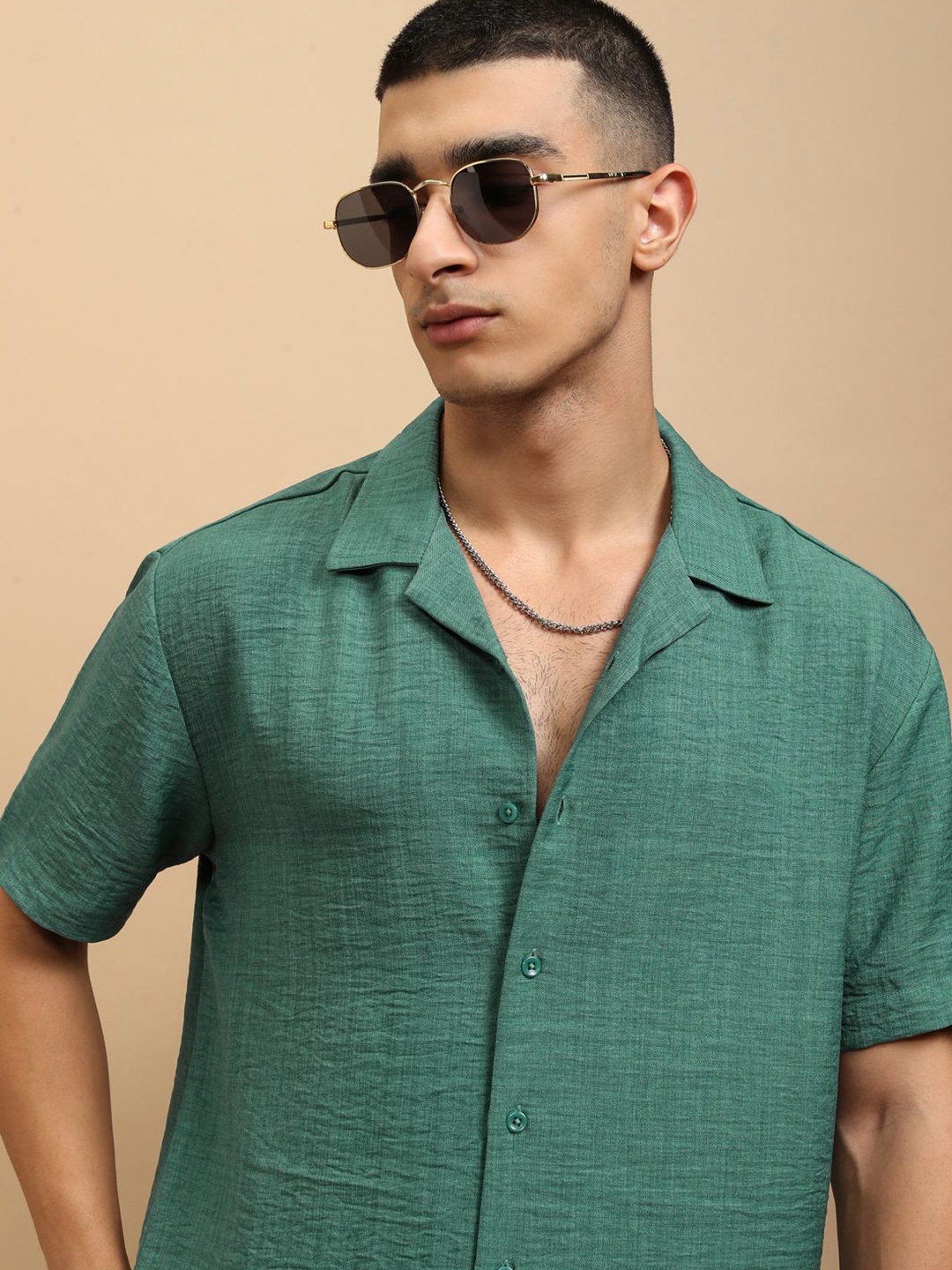 

Highlander Men Solid Melange Cuban Collar Relaxed Shirt, Turquoise blue