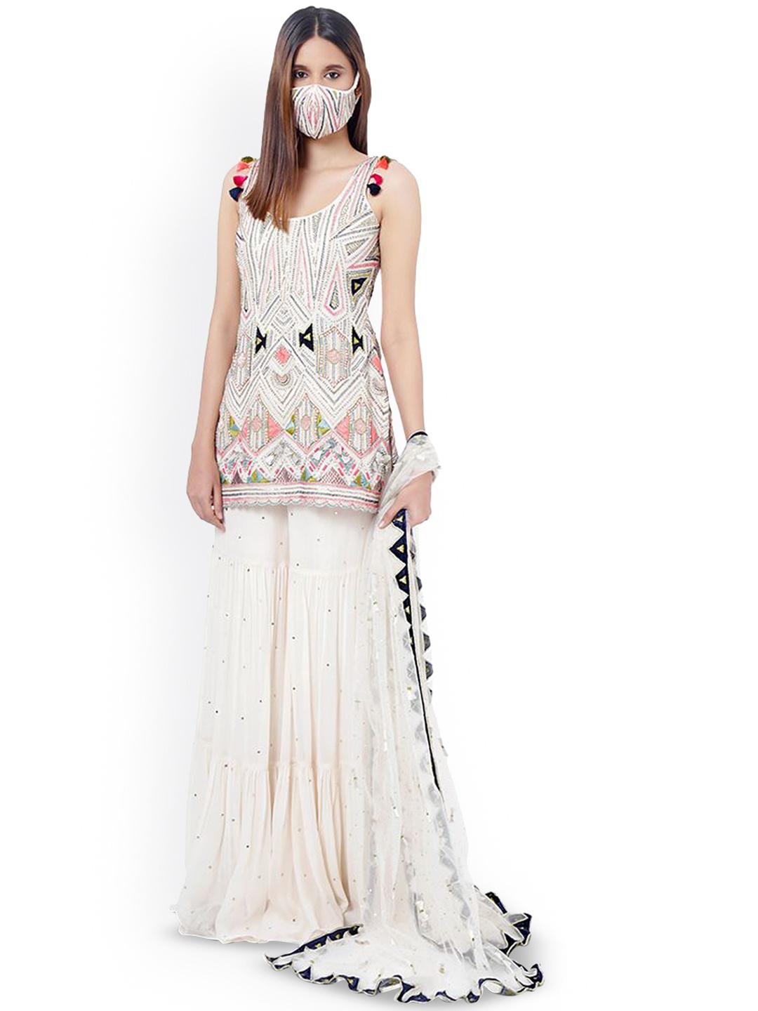 

Payal Singhal Ethnic Motifs Embroidered Thread Work Kurti with Sharara & Dupatta, White