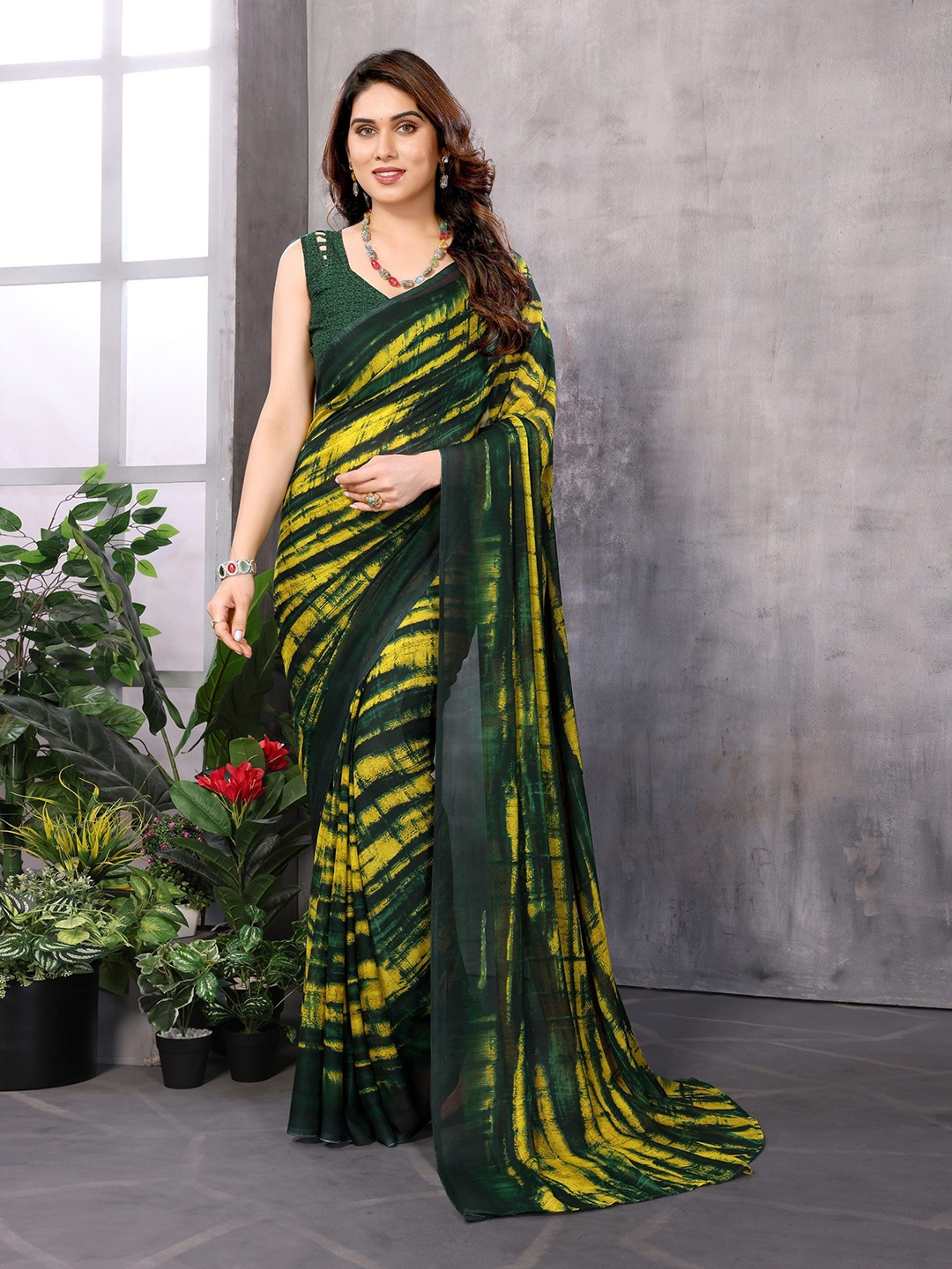 

Ambuja International Tie and Dye Poly Georgette Saree, Green