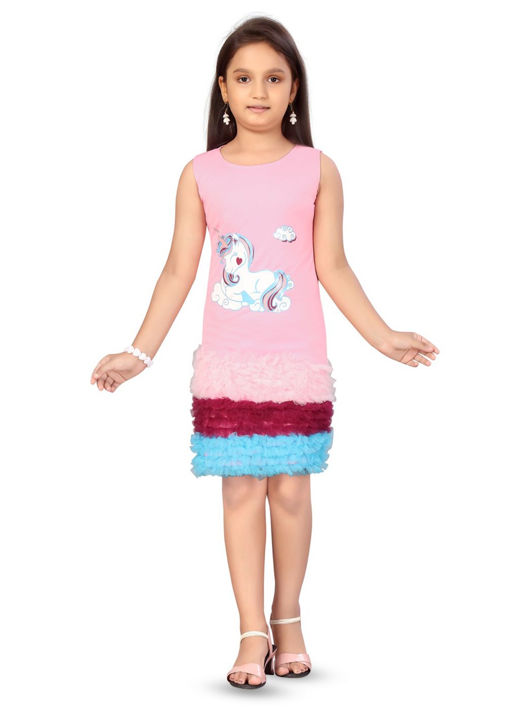 

BAESD Girls Unicorn Printed Net A-Line Dress, Pink