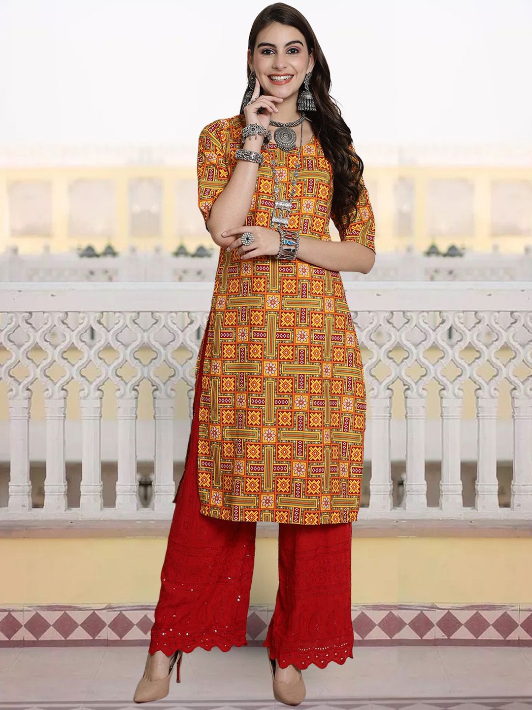 

KALINI Ethnic Motifs Printed Round Neck Crepe Straight Kurta, Yellow