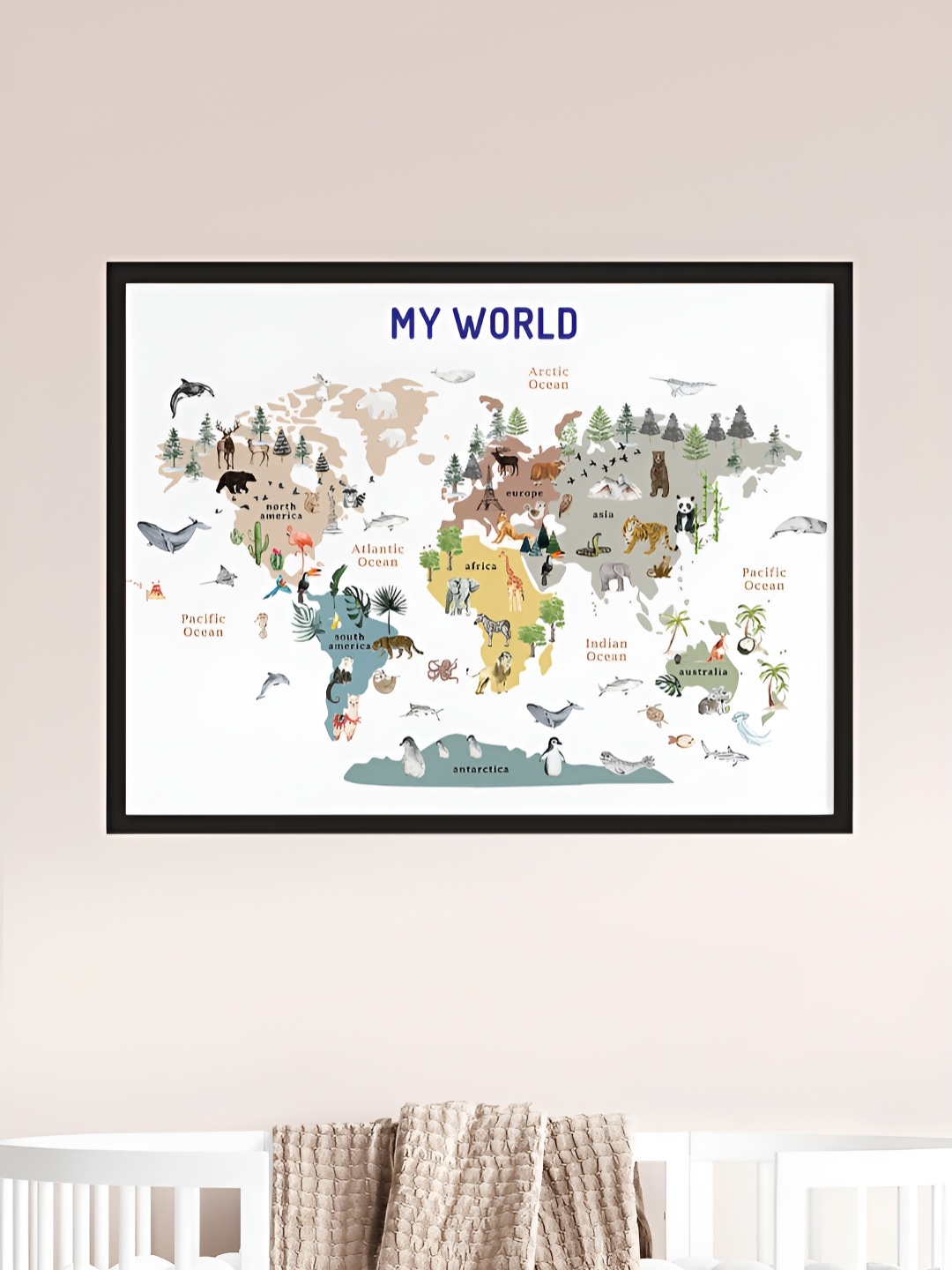 

My Kids Wall Educational Animals World Map Black & White Wooden Wall Art