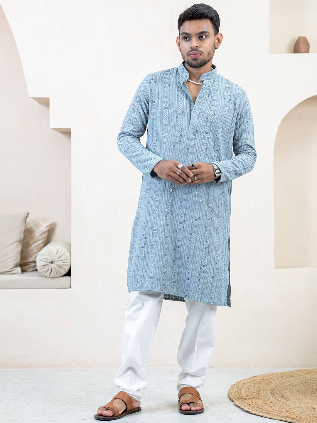 

Tistabene Geometric Sequins Embroidered Mandarin Collar Cotton Straight Kurta, Grey