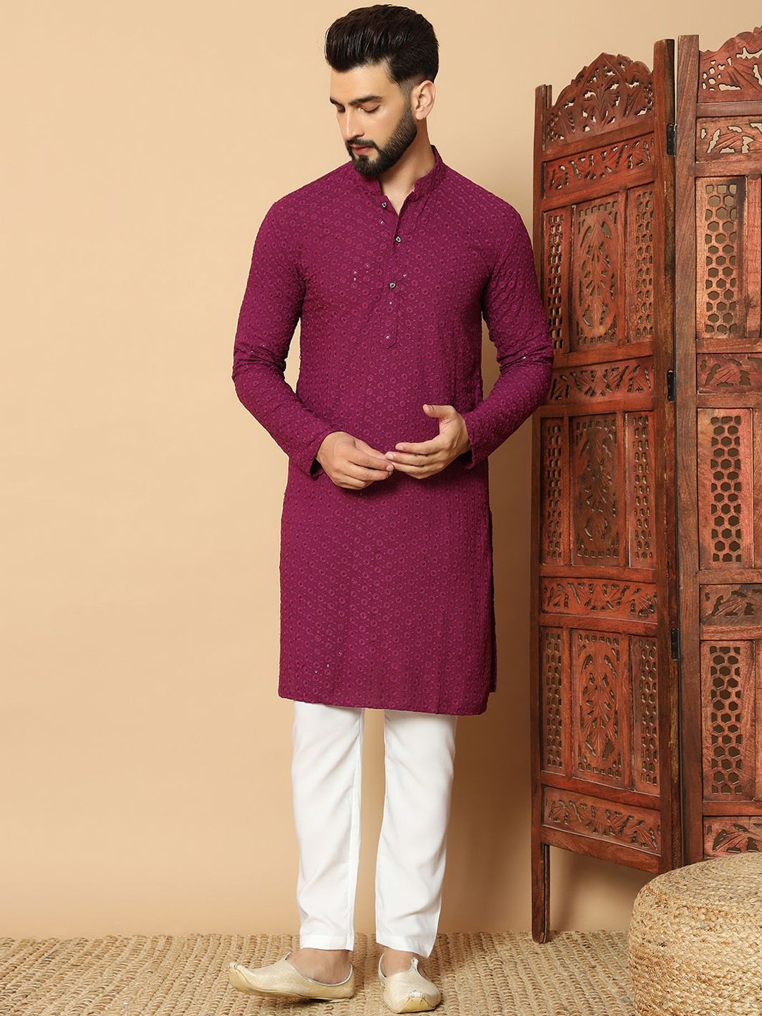 

FoxDX Floral Embroidered Mandarin Collar Chikankari Straight Kurta, Purple