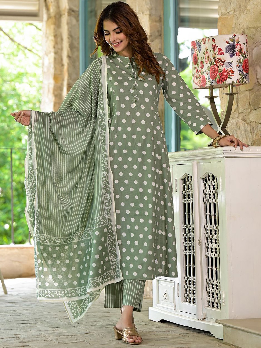 

KALINI Polka Dots Printed Thread Work Pure Cotton A-Line Kurta With Trousers & Dupatta, Green