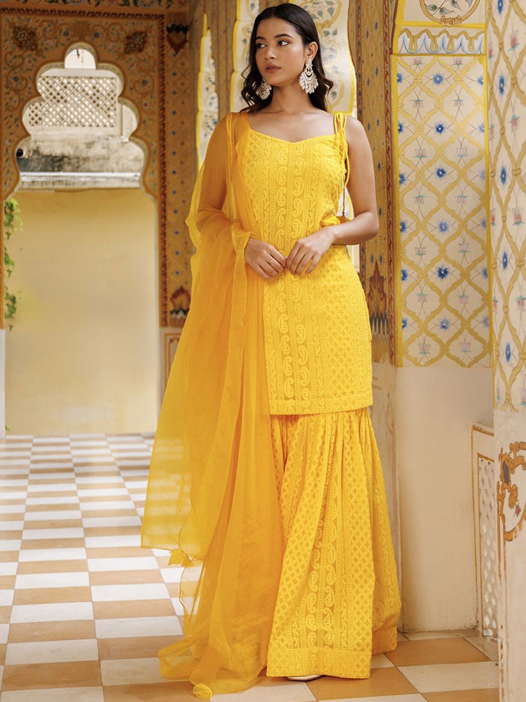 

Ragavi Paisley Embroidered Regular Chikankari Kurta With Sharara & Dupatta, Yellow