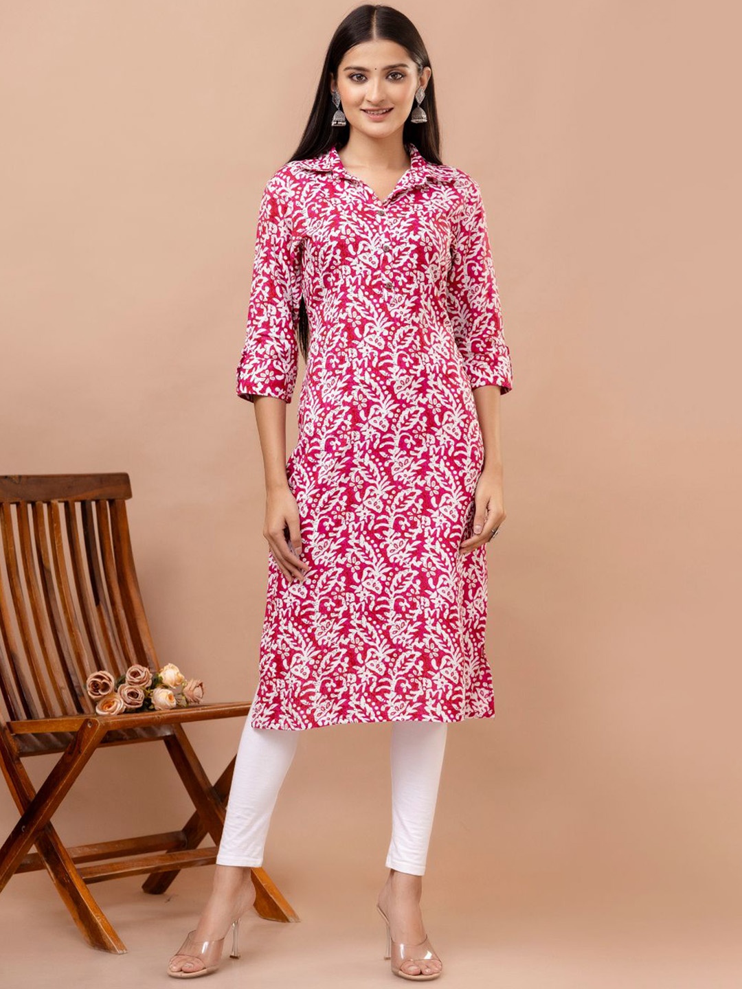 

KALINI Floral Printed Shirt Collar Straight Kurta, Pink