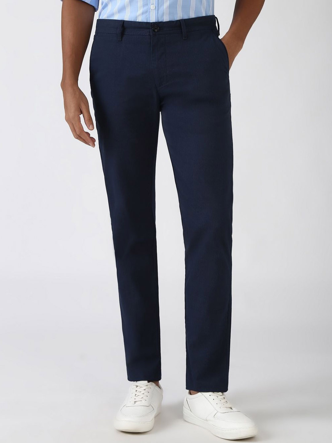 

Peter England Casuals Men Mid-Rise Slim Fit Trousers, Navy blue