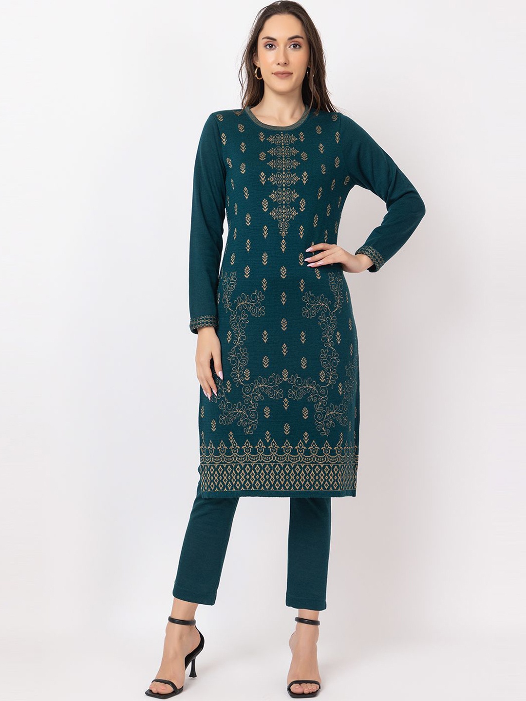 

Anouk Women Geometric Flared Sleeves Thread Work Jacquard Winter Wear Kurta, Teal