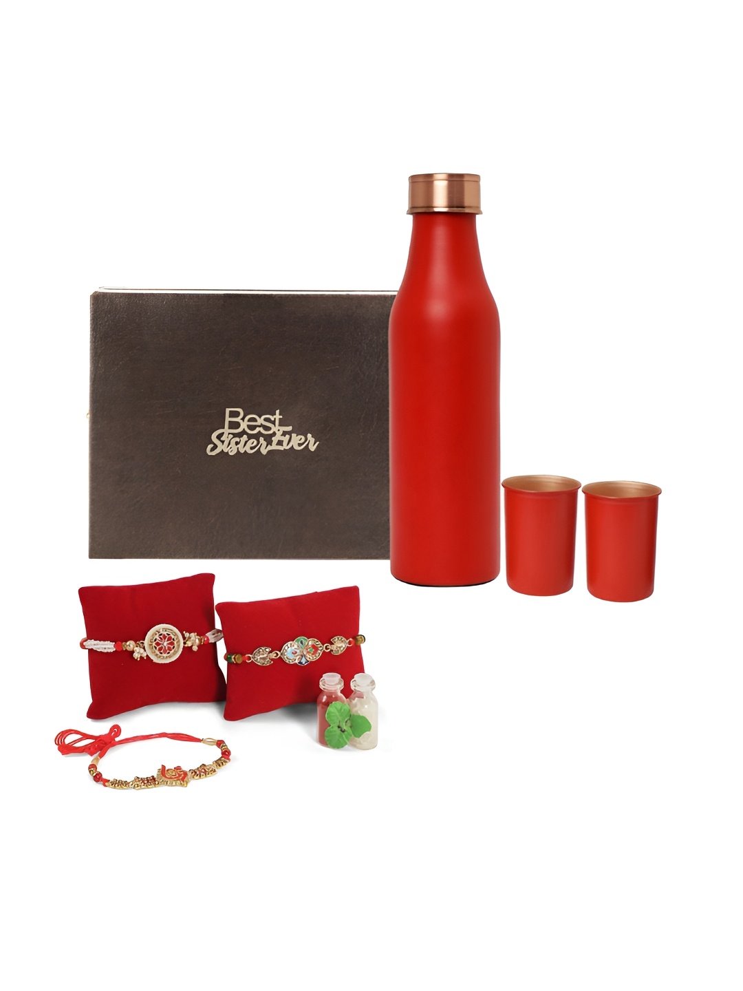 

INTERNATIONAL GIFT Set Of 6 Rakhi With Water Bottle & Glass, Red