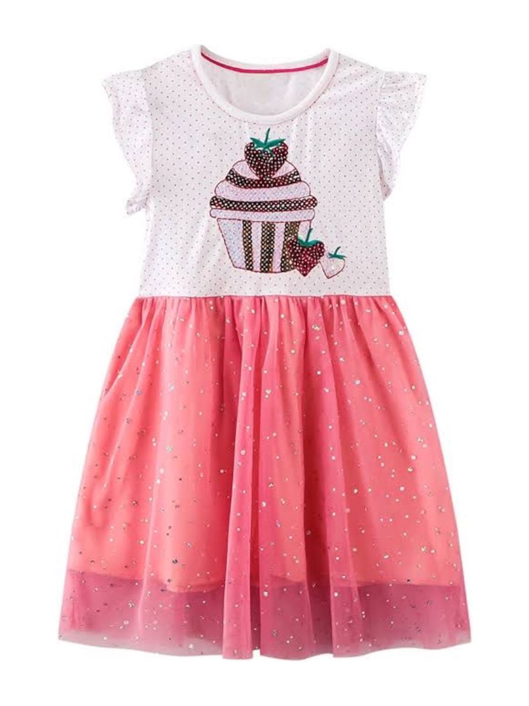 

TrendyKid Girls Polka Dot Printed Flutter Sleeves Net Fit & Flare Dress, Pink