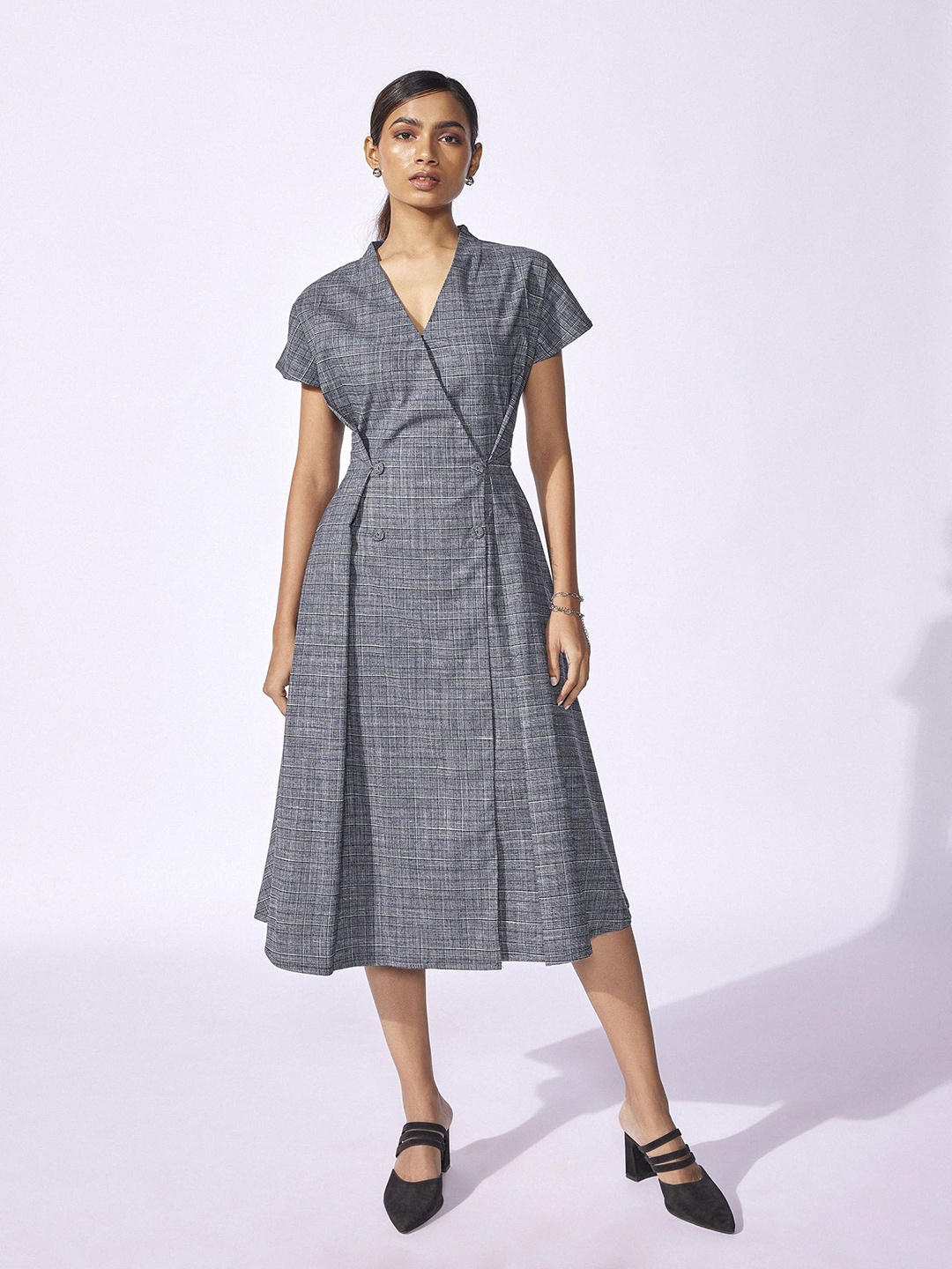 

The Label Life Checked Wrap Midi Dress, Grey