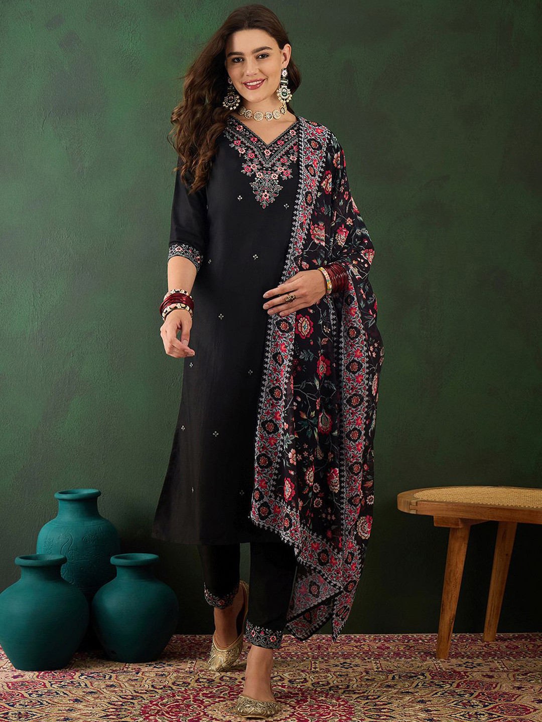 

Sangria Floral Embroidered Sequinned Kurta with Trousers & Dupatta, Black