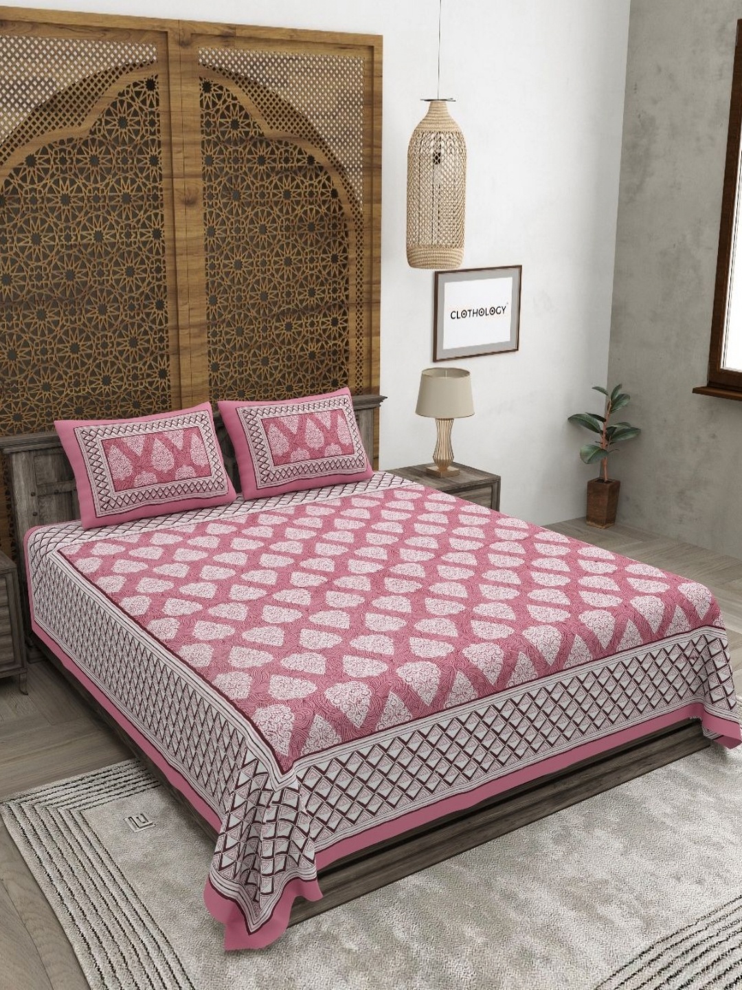 

CLOTHOLOGY Pink & White Ethnic Motifs 180 TC Cotton King Bedsheet with 2 Pillow Covers