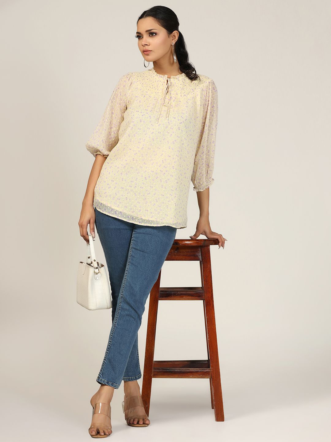 

Mustard Floral Print Tie-Up Neck Chiffon Top, Yellow