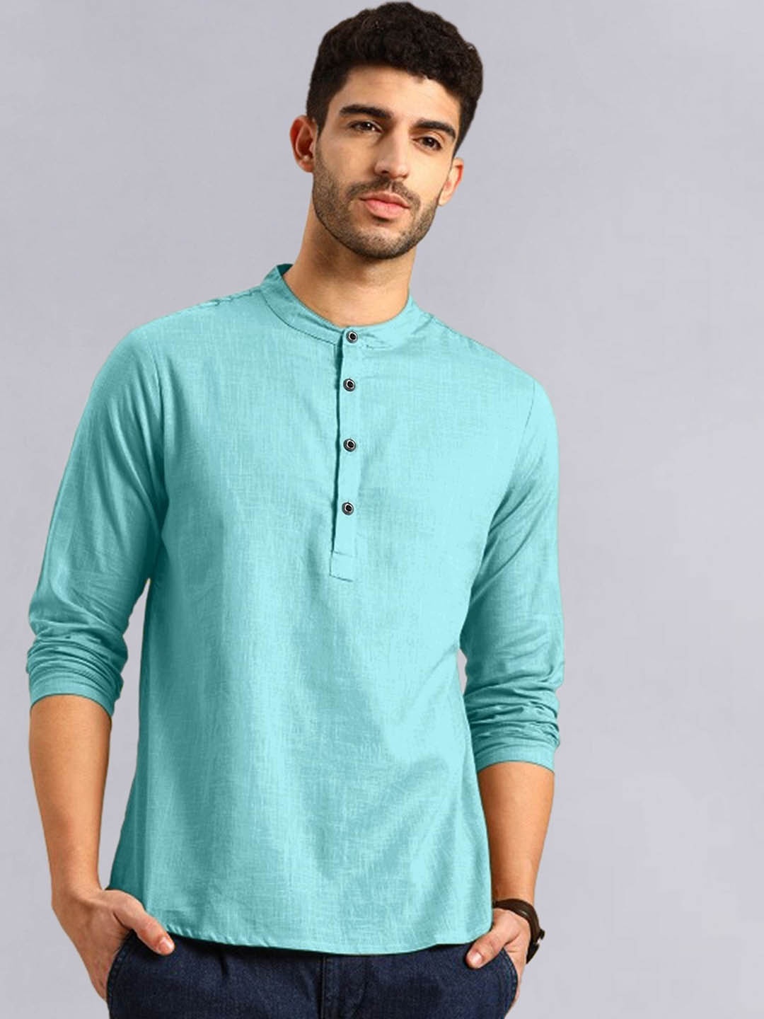 

allan peter Mandarin Collar Pure Cotton Straight Kurta, Blue