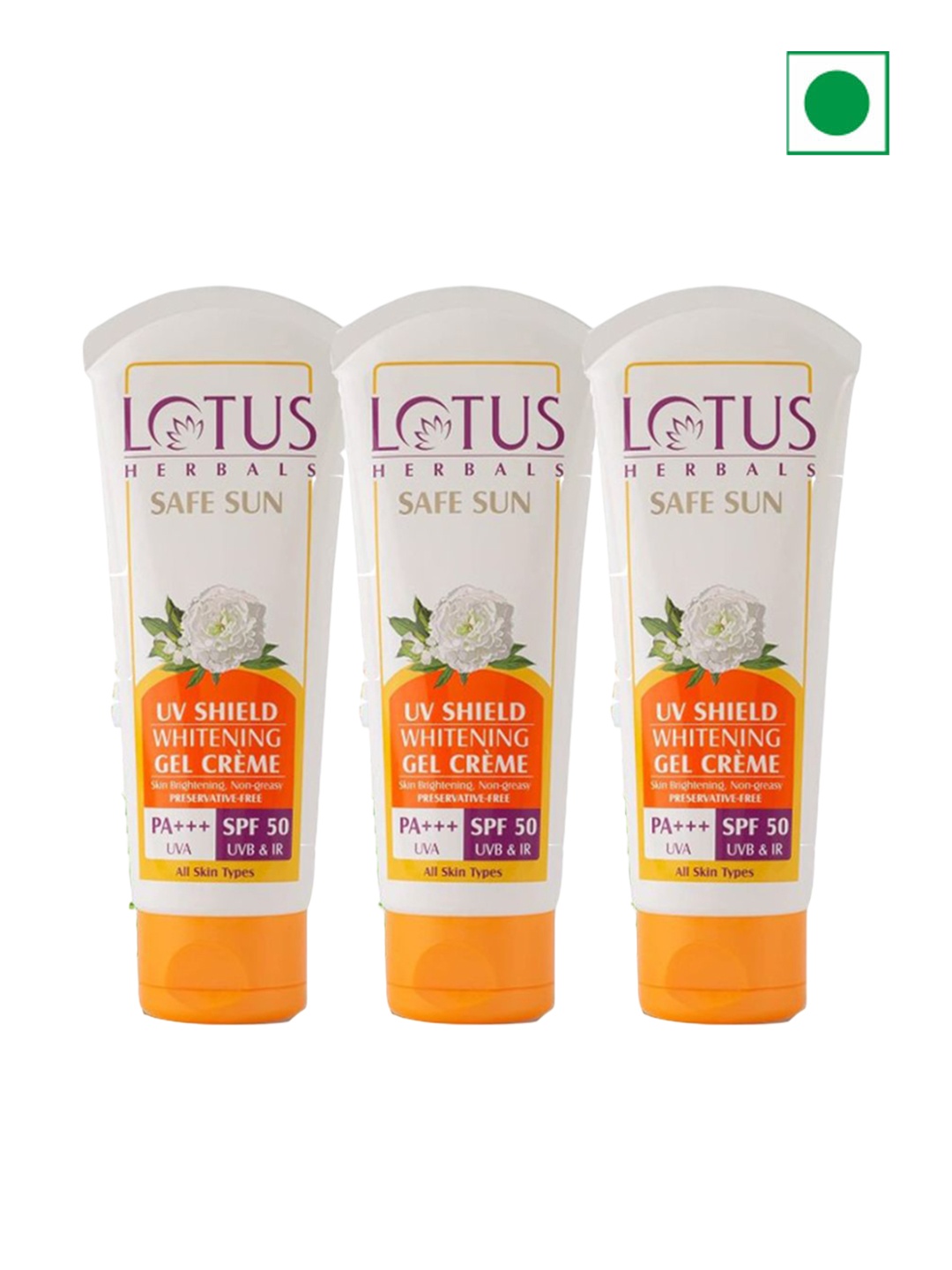 

Lotus Herbals Safe Sun Set Of 3 UV Shield Whitening SPF 50 Sunscreen - 50g each, Orange