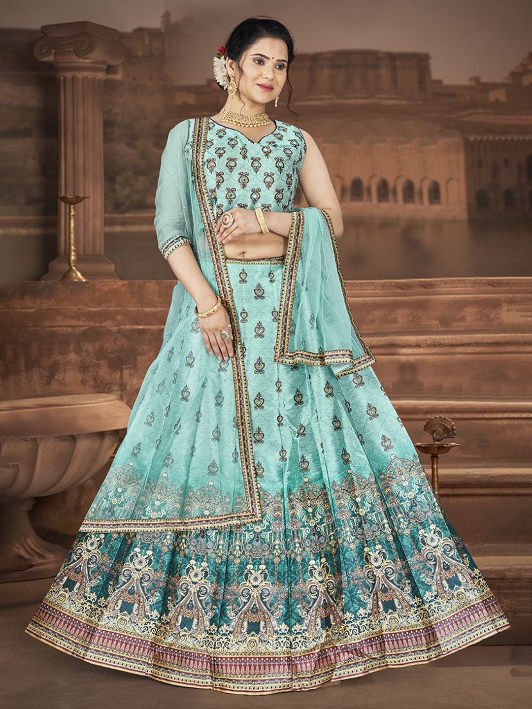 

EthnicTree Printed Beads and Stones Ready to Wear Lehenga & Blouse With Dupatta, Blue