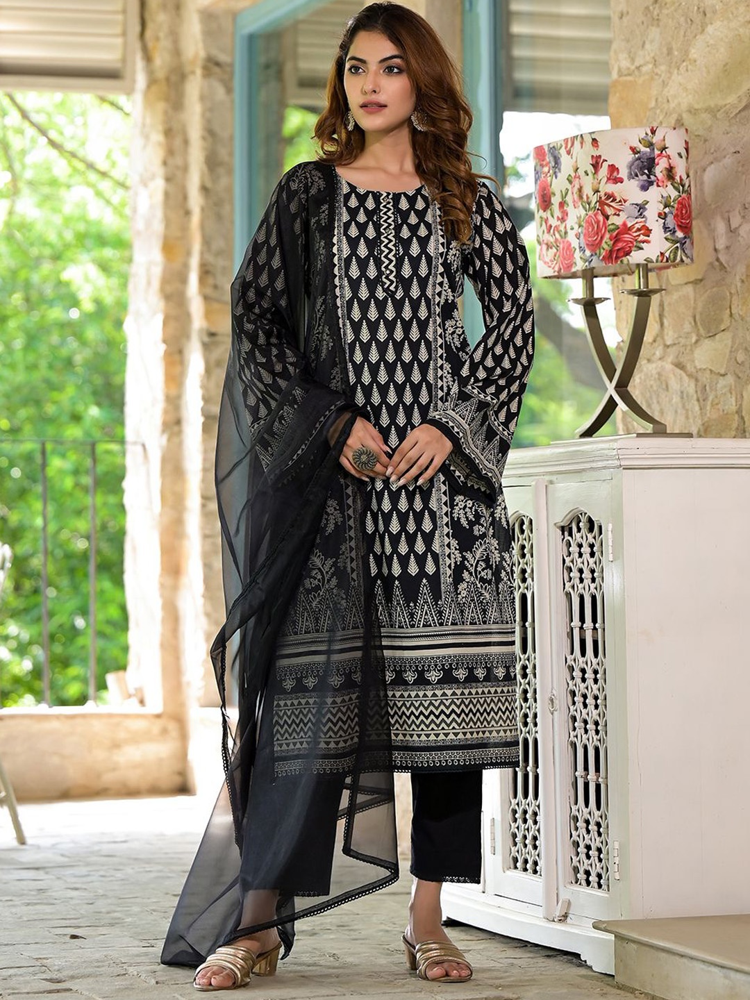 

KALINI Floral Printed Flared Sleeves Pure Cotton Straight Kurta With Trousers & Dupatta, Black