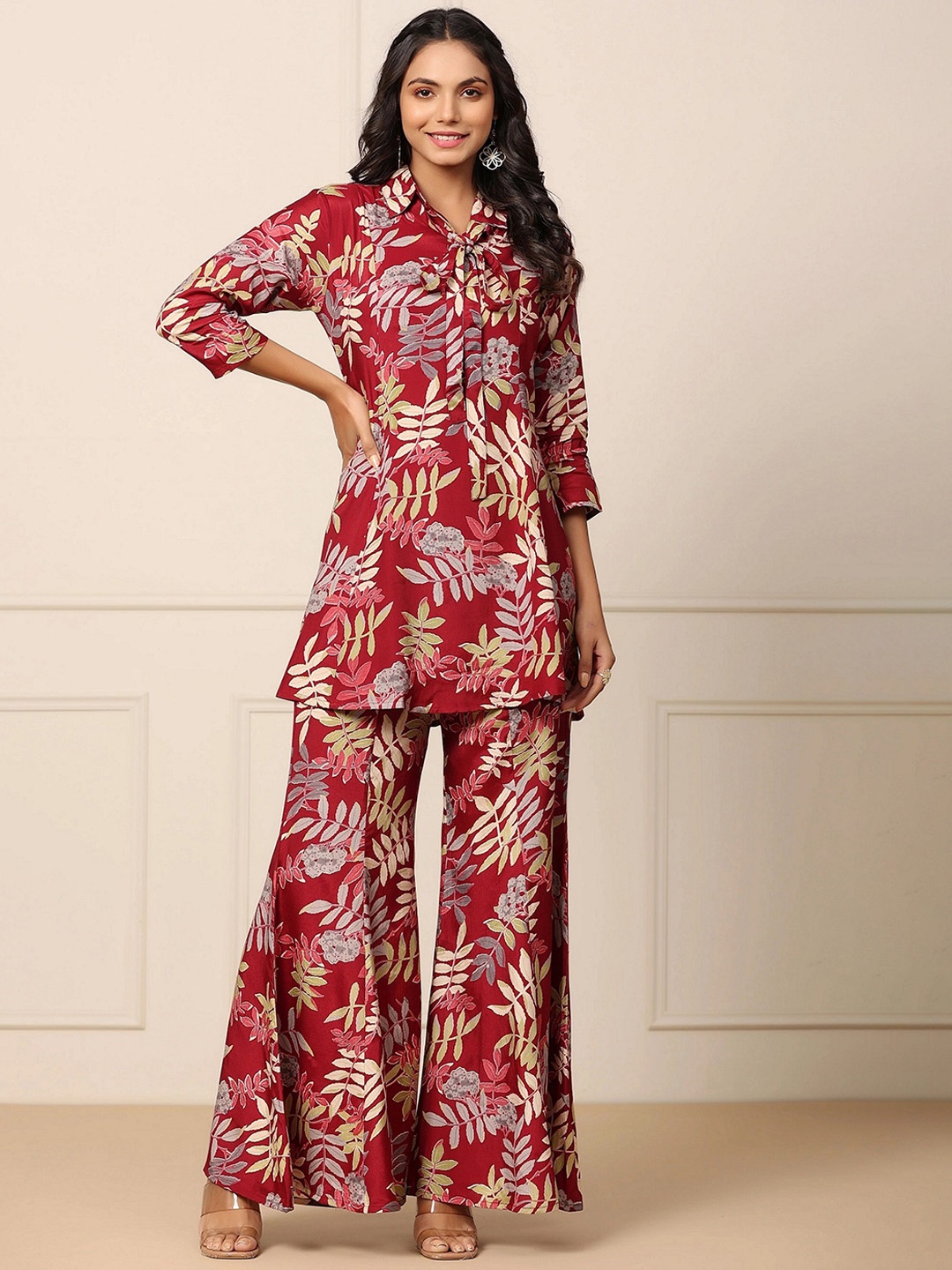 

KALINI Ethnic Motifs Printed Shirt Collar Tunic And Palazzos, Red