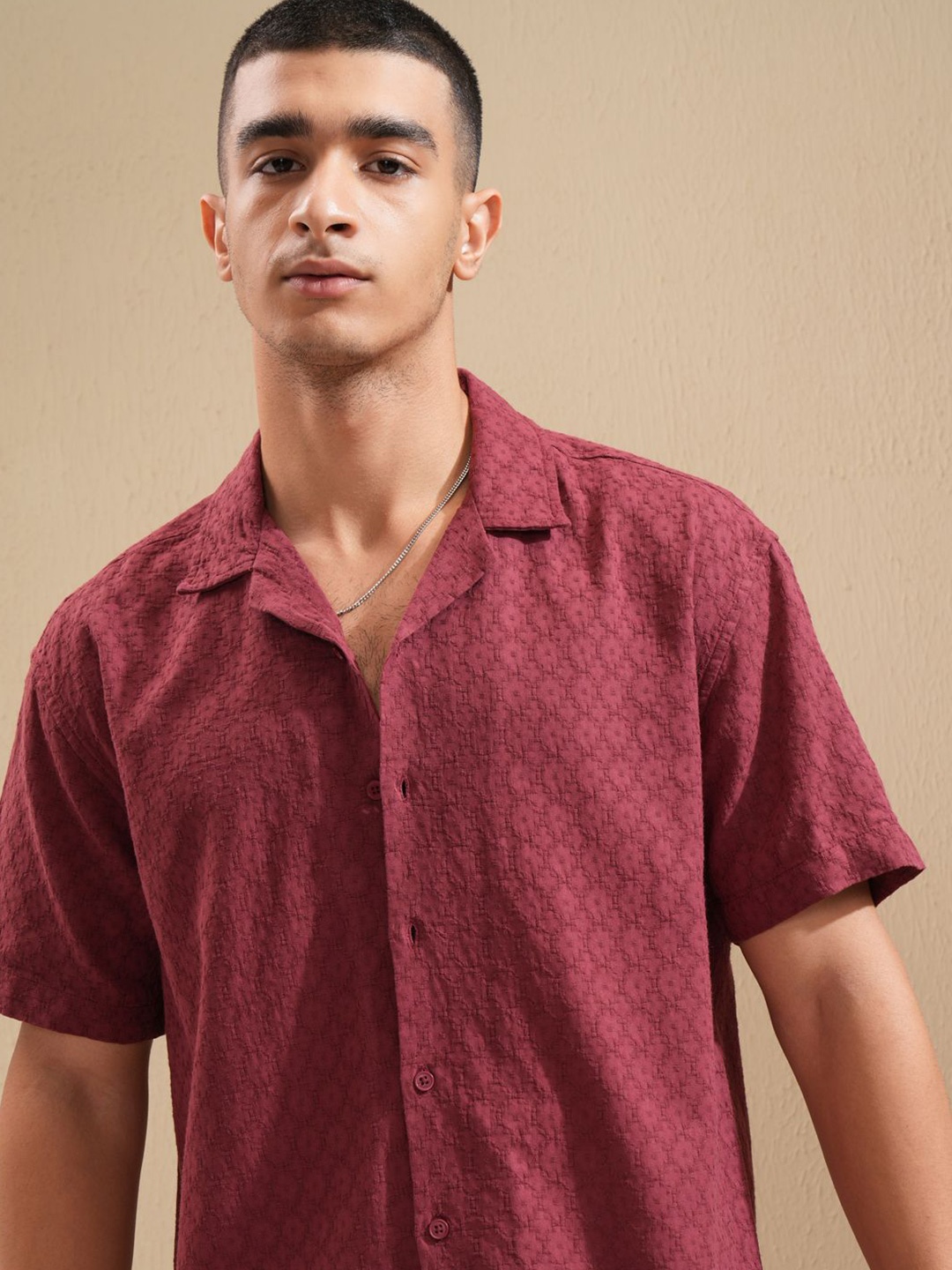 

Highlander Men Dobby Textured Solid Cuban Collar Relaxed Shirt, Maroon