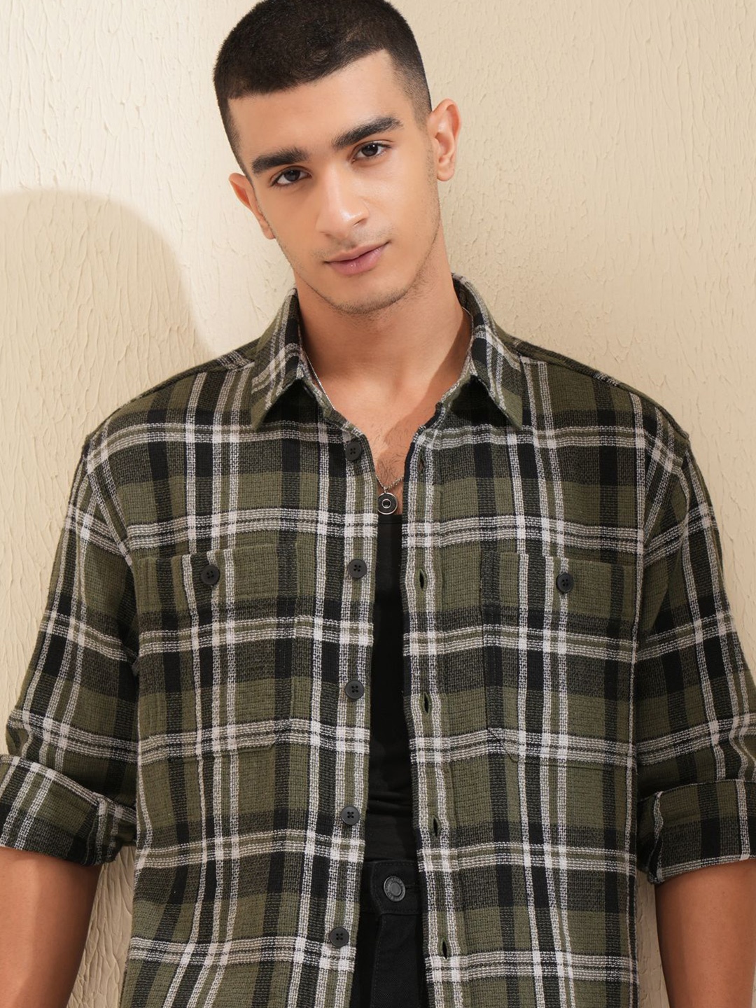 

Highlander Men Textured Dobby Checked Oversized Shirt, Olive