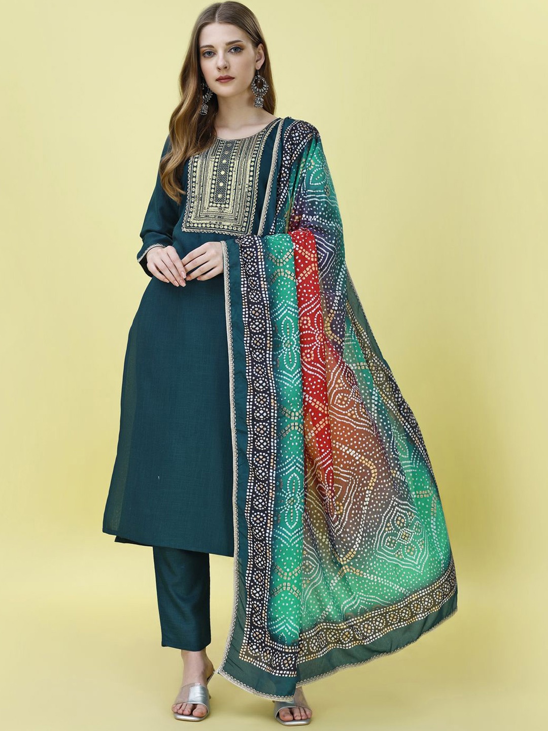 

KALINI Women Ethnic Motifs Yoke Design Regular Thread Work Kurti with Trousers & With Dupatta, Teal