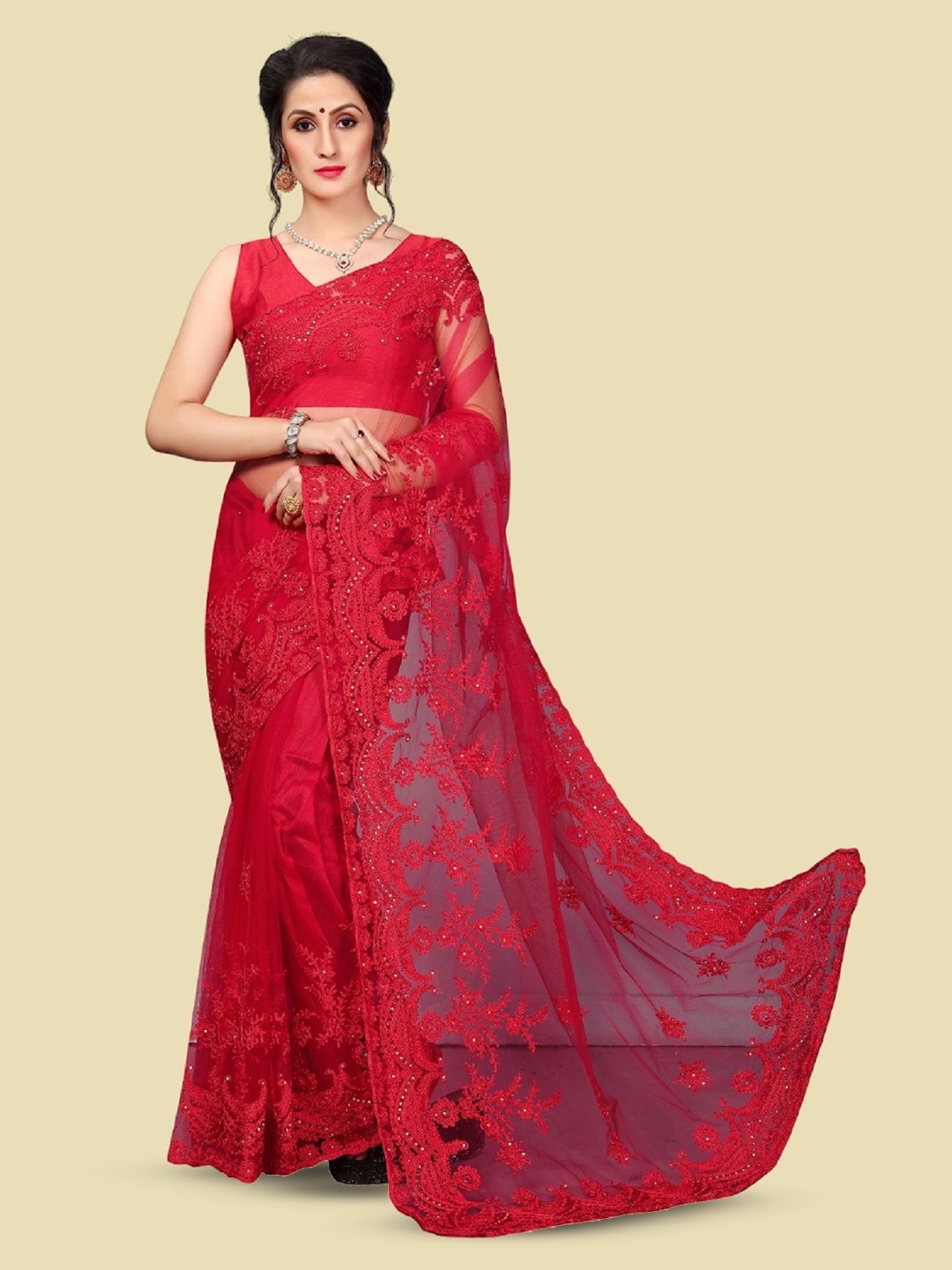 

APNISHA Floral Embroidered Net Saree, Red