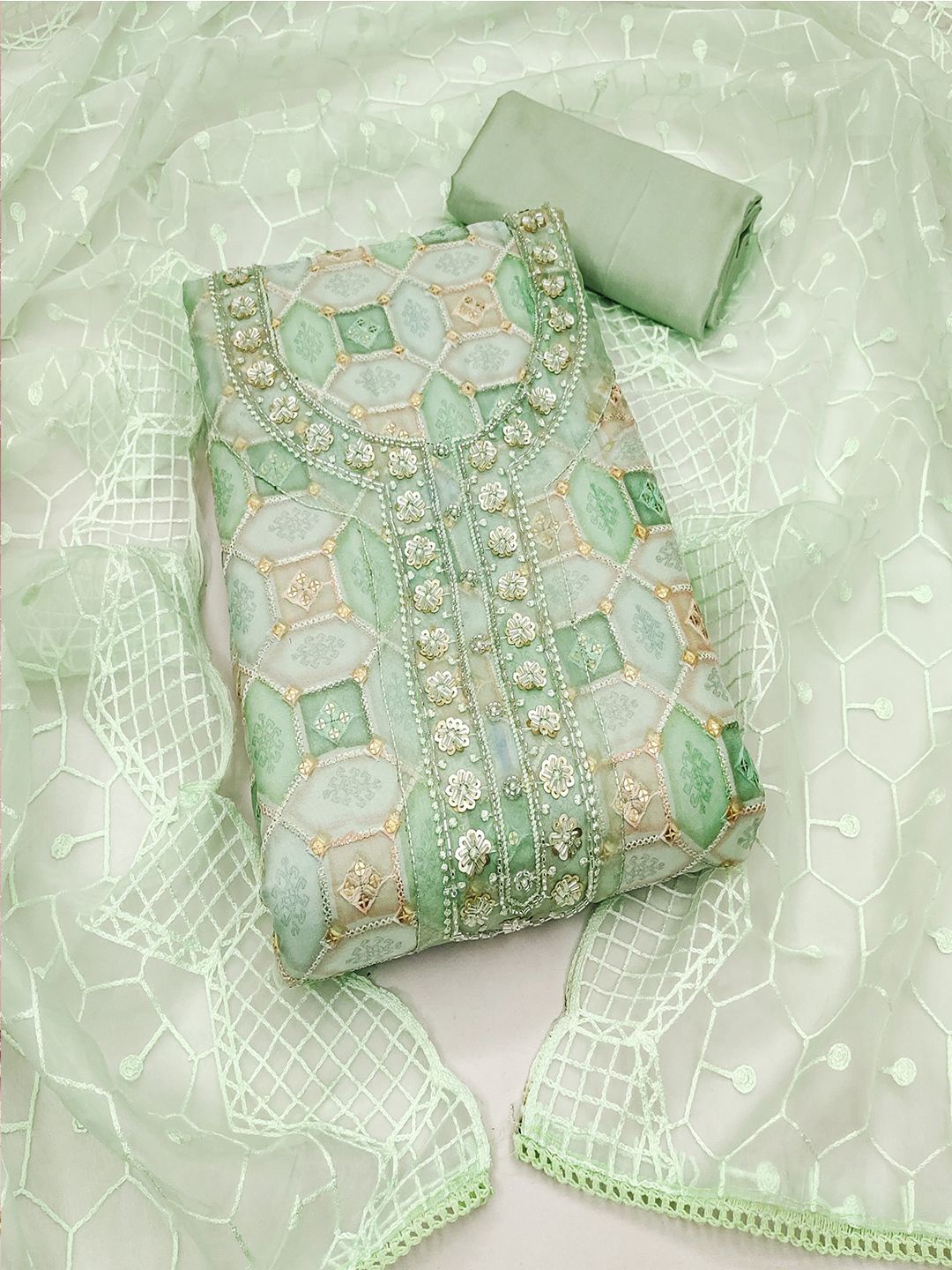 

Lilots Organza Unstitched Dress Material, Green