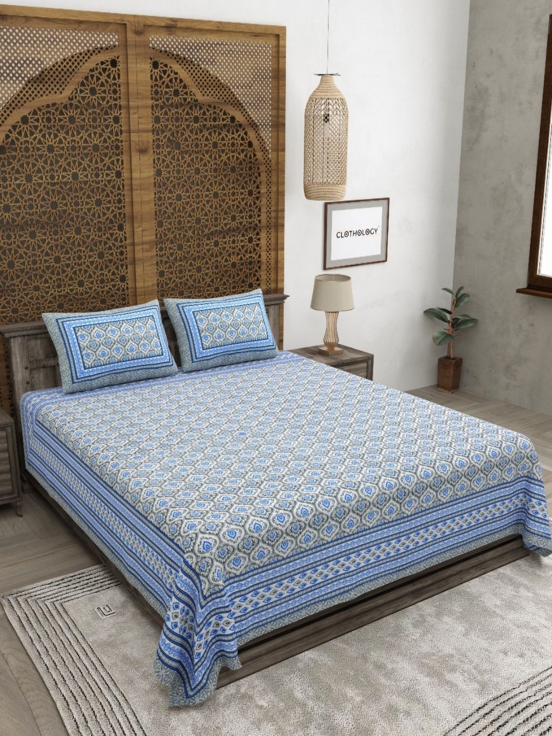 

CLOTHOLOGY Blue & White Ethnic Motifs 180 TC Cotton King Bedsheet with 2 Pillow Covers