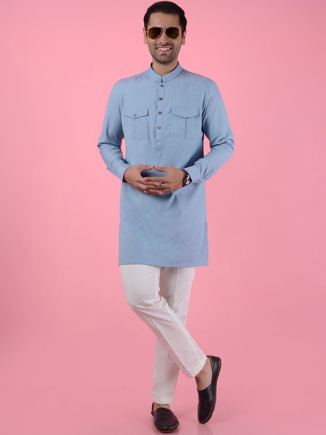 

JADE BLUE Striped Printed Mandarin Collar Straight Kurta With Trousers