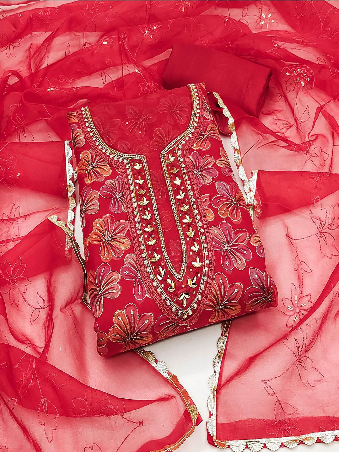 

Lilots Organza Unstitched Dress Material, Red