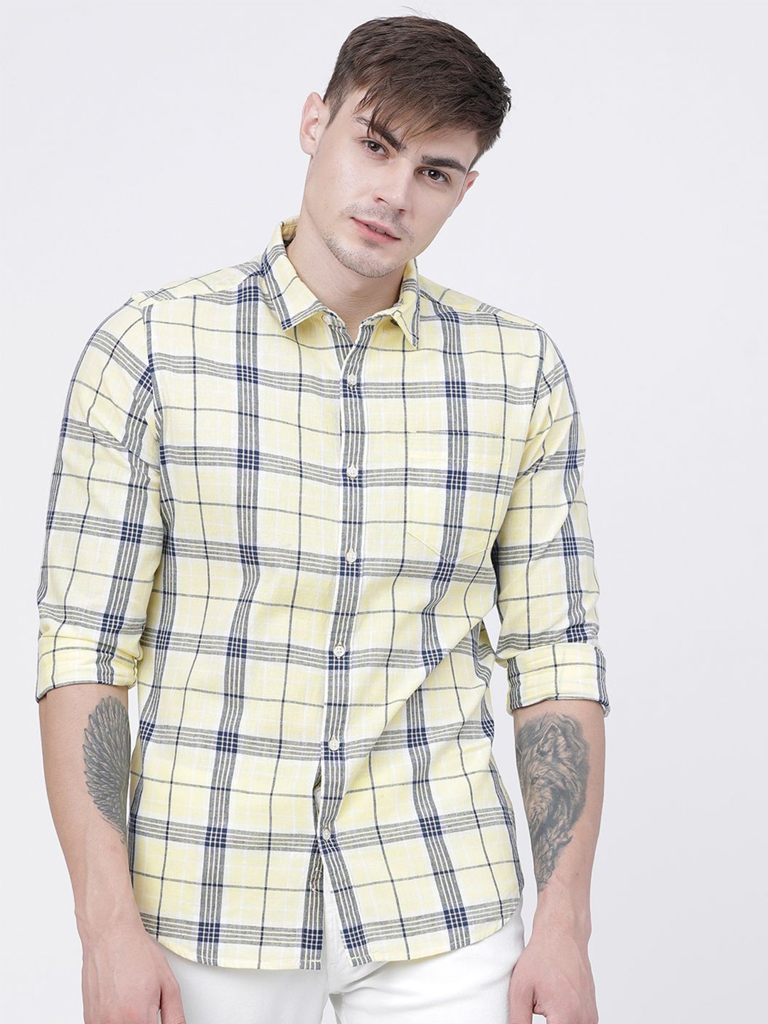

HIGHLANDER Men Slim Fit Tartan Checks Opaque Checked Casual Shirt, Yellow
