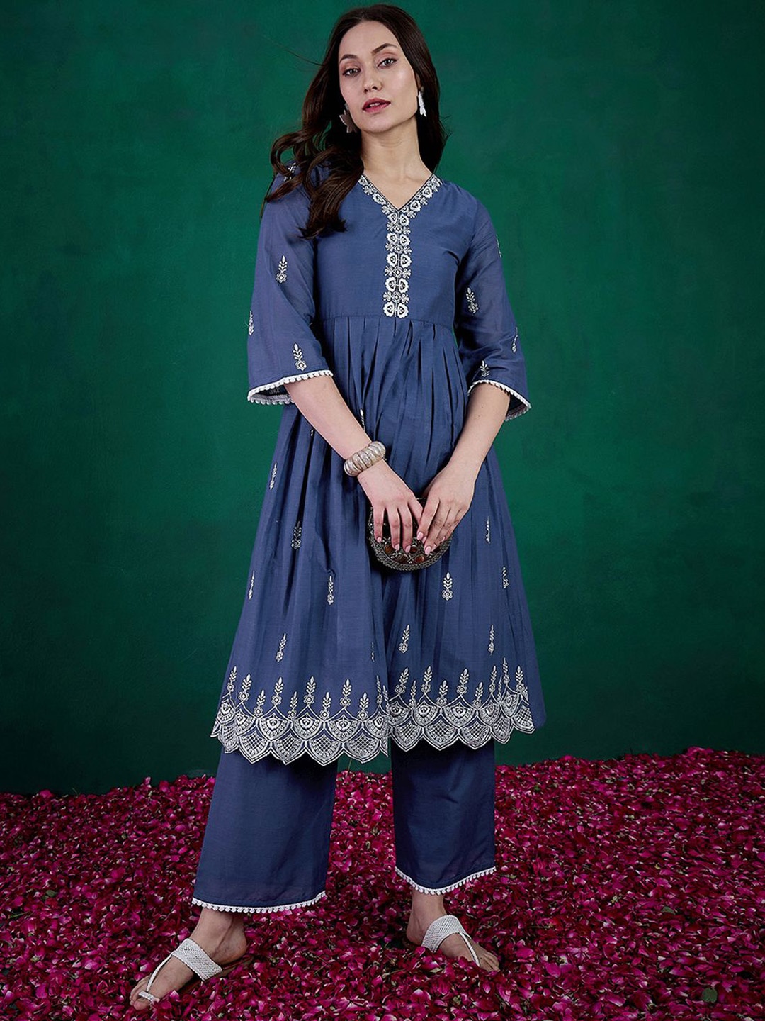 

Sangria Embroidered Pure Cotton Kurta With Trouser, Blue