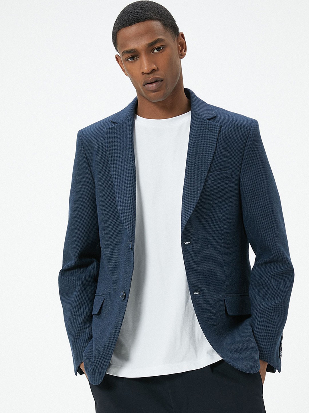 

Koton Self Design Single-Breasted Cotton Formal Blazer, Navy blue