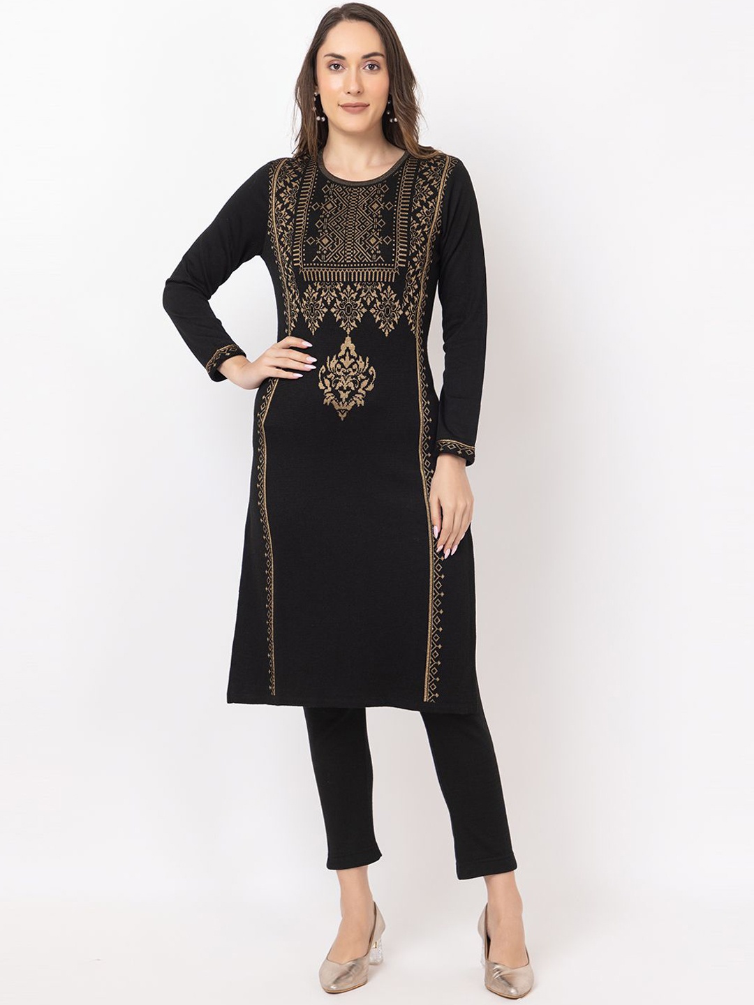 

Anouk Women Ethnic Motifs Embroidered Flared Sleeves Thread Work Jacquard Winter Wear Kurta, Black