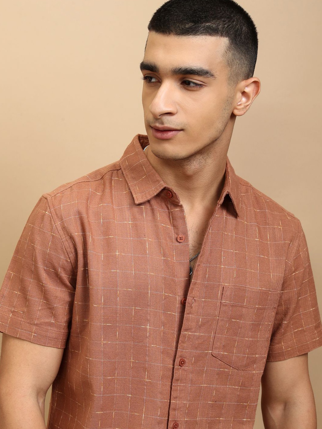 

HIGHLANDER Men Grid Tattersall Checks Opaque Checked Casual Shirt, Rust