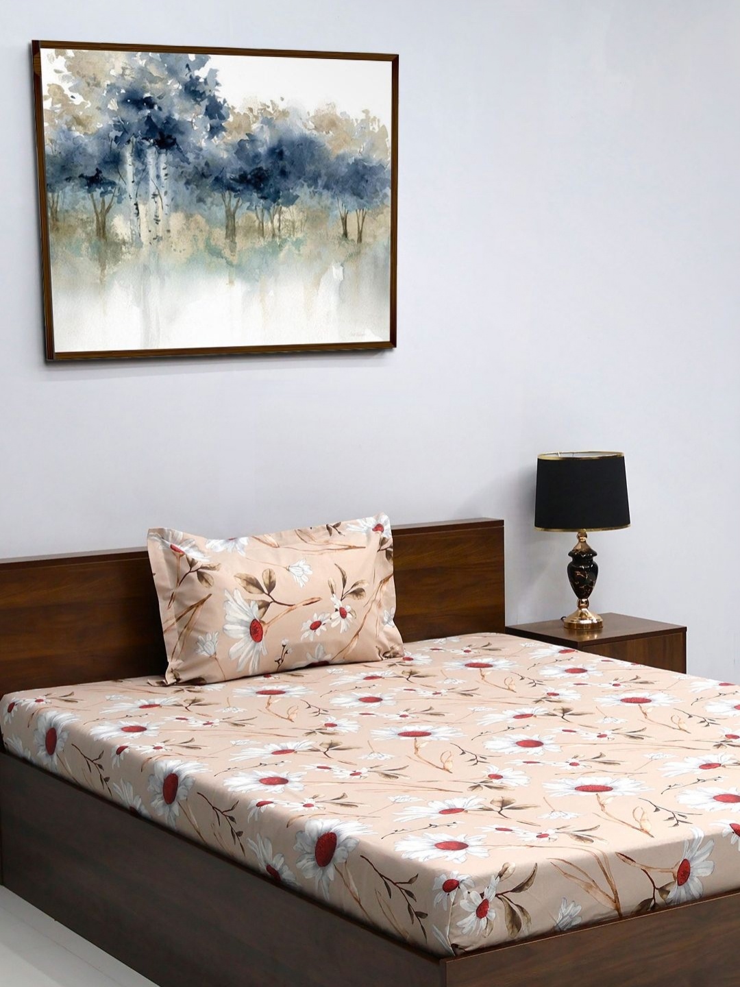 

BOMBAY DYEING Cardinal Brown & White Floral 120 TC Pure Cotton Single Bedsheet Set