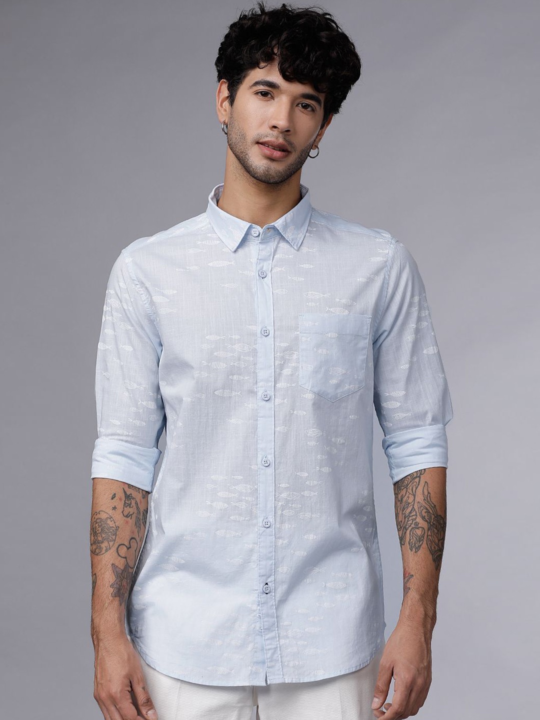 

HIGHLANDER Men Slim Fit Opaque Printed Casual Shirt, Blue