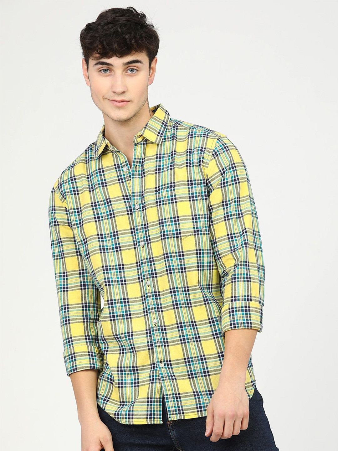

HIGHLANDER Men Slim Fit Tartan Checks Opaque Checked Casual Shirt, Yellow