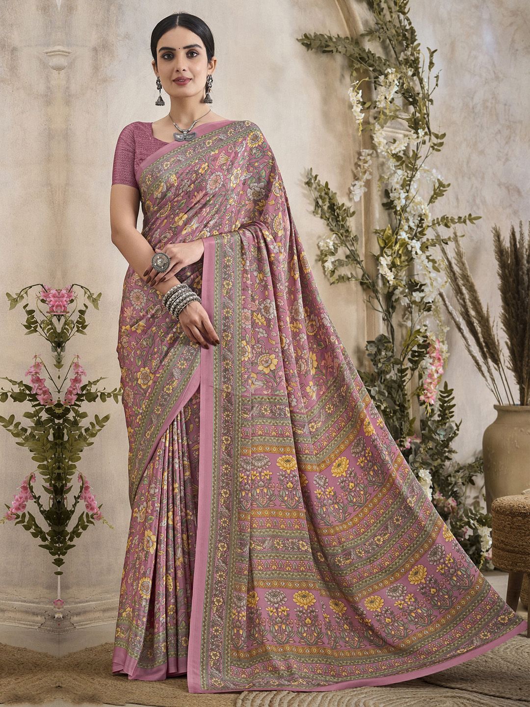 

Mitera Floral Poly Crepe Bagru Saree, Pink