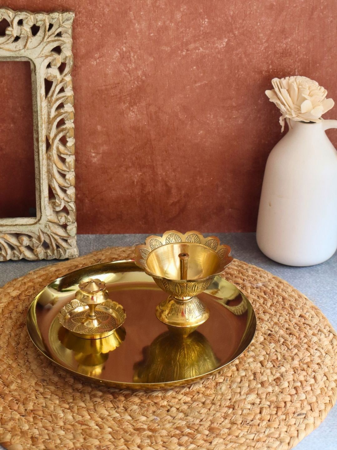 

WEAVING HOMES Gold Toned 3 Pieces Metal Pooja Essentials