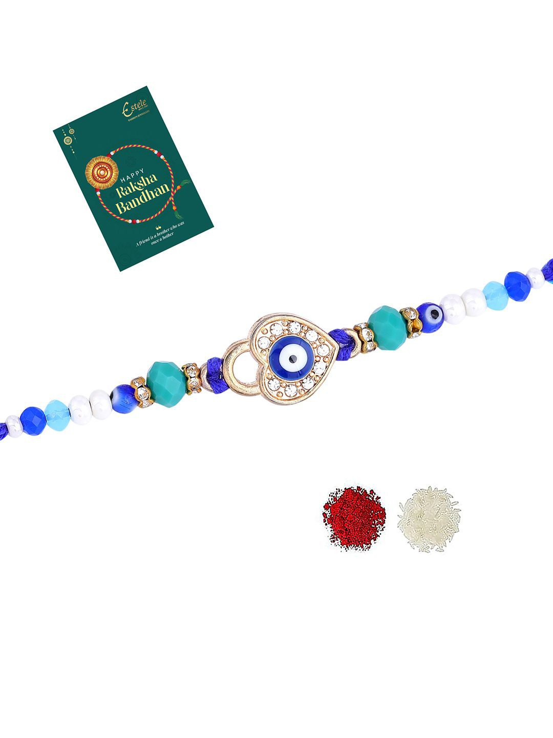 

Estele Gold Plated Stones Studded & Beaded Evil Eye Rakhi With Roli Chawal & Greeting Card, Silver