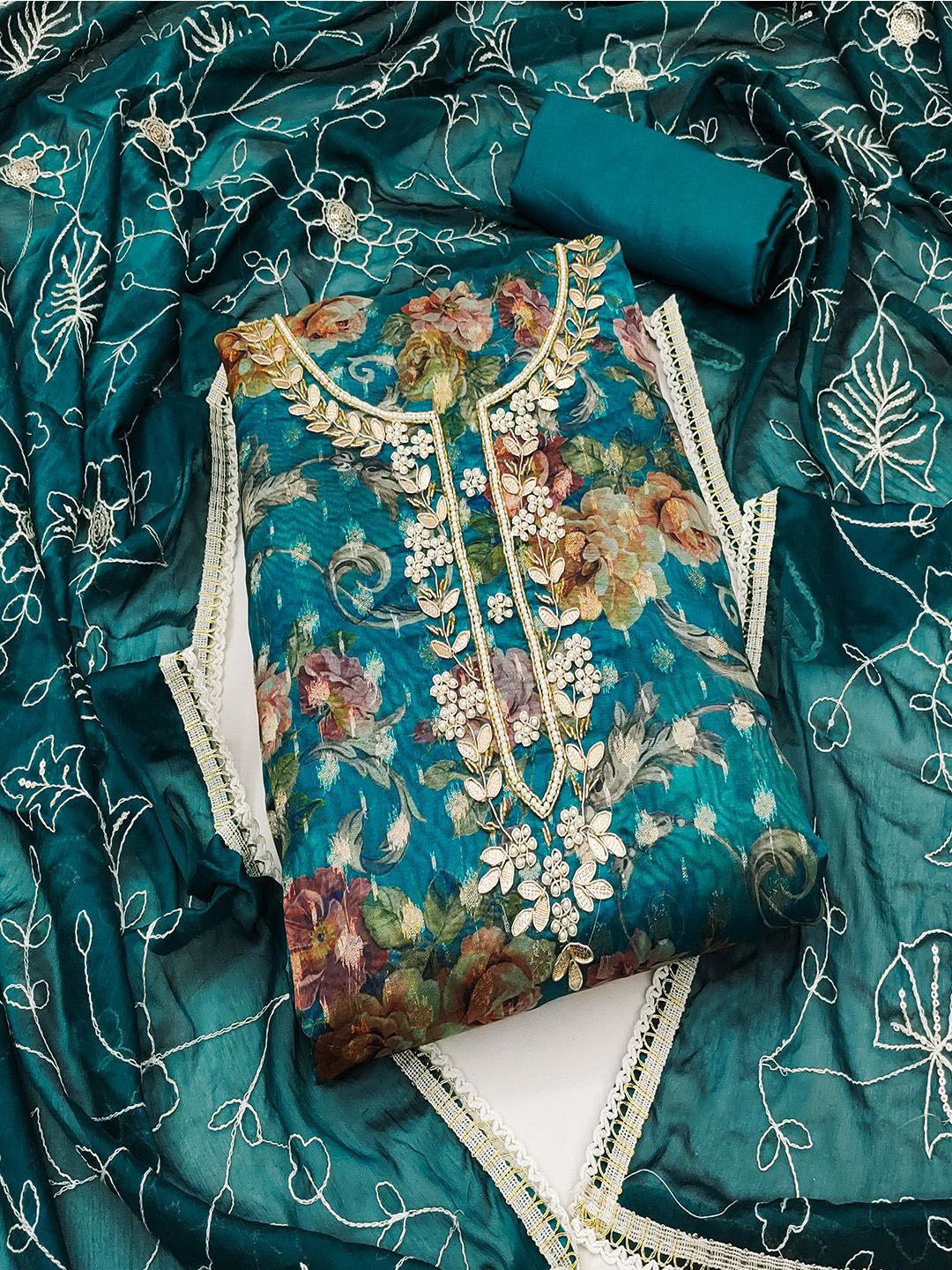

Lilots Organza Unstitched Dress Material, Blue