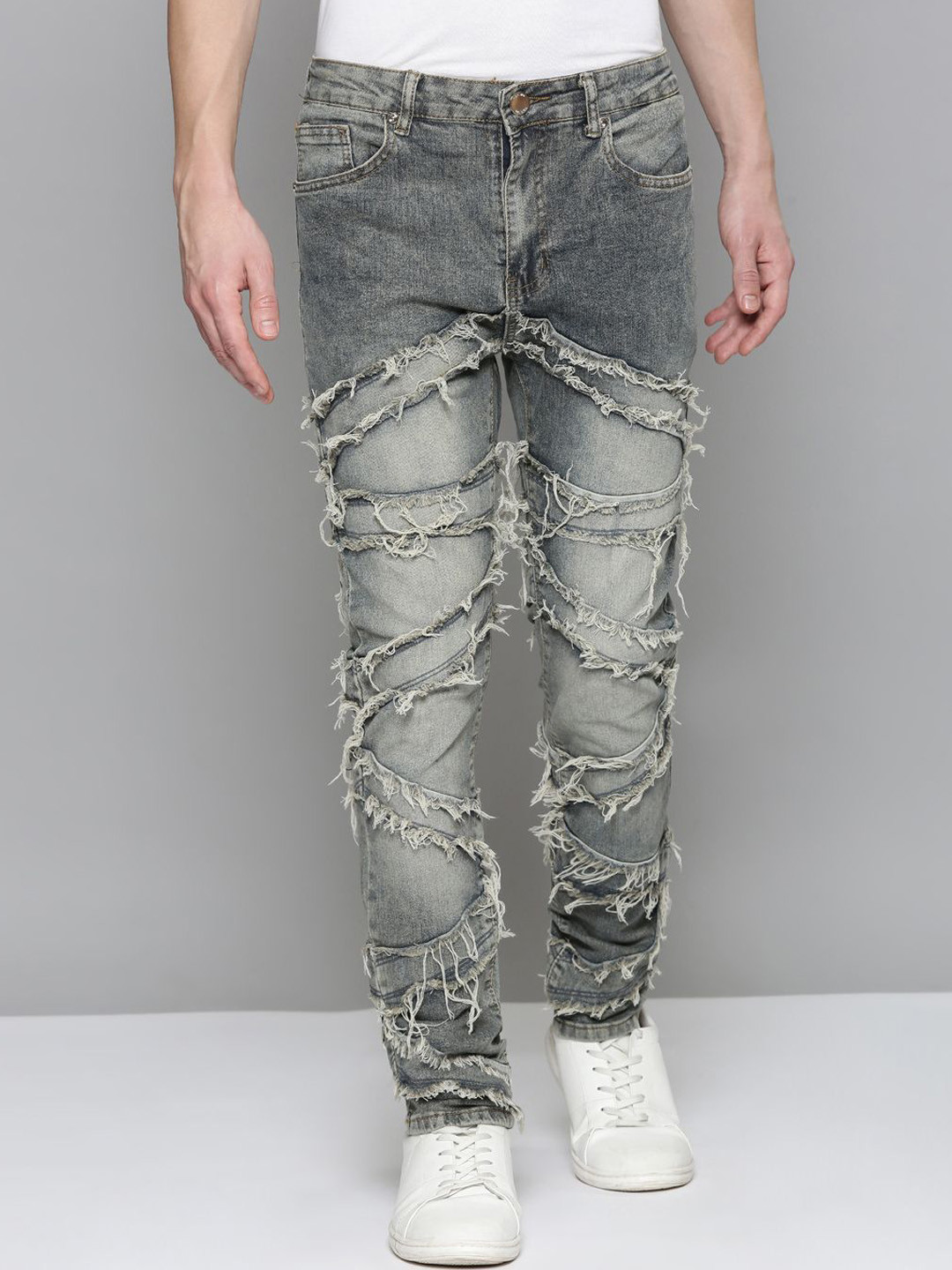 

WAIMEA Men Comfort Skinny Fit Highly Distressed Heavy Fade Stretchable Jeans, Grey
