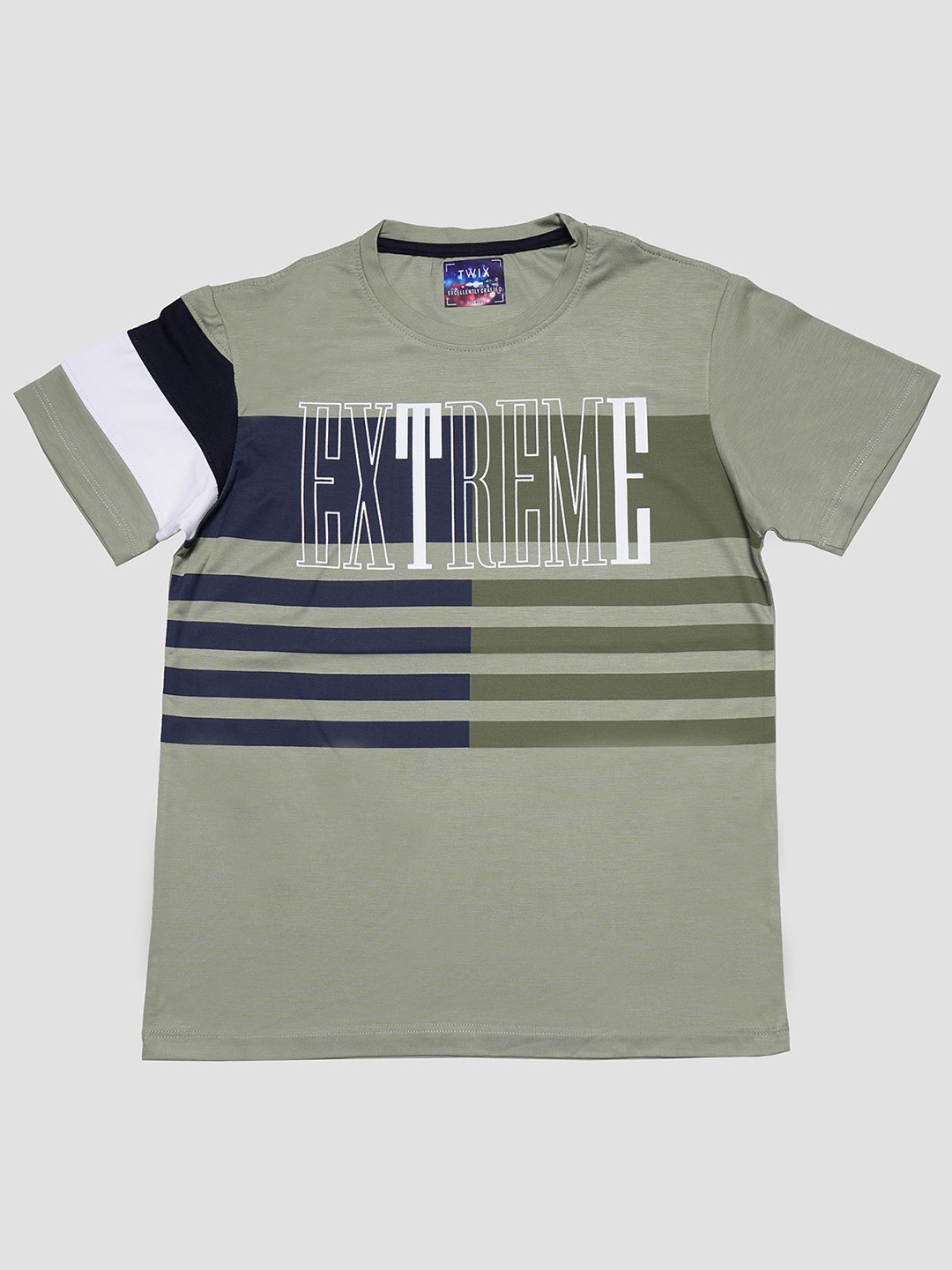 

TWIX Boys Striped Round Neck Cotton T-Shirt, Green