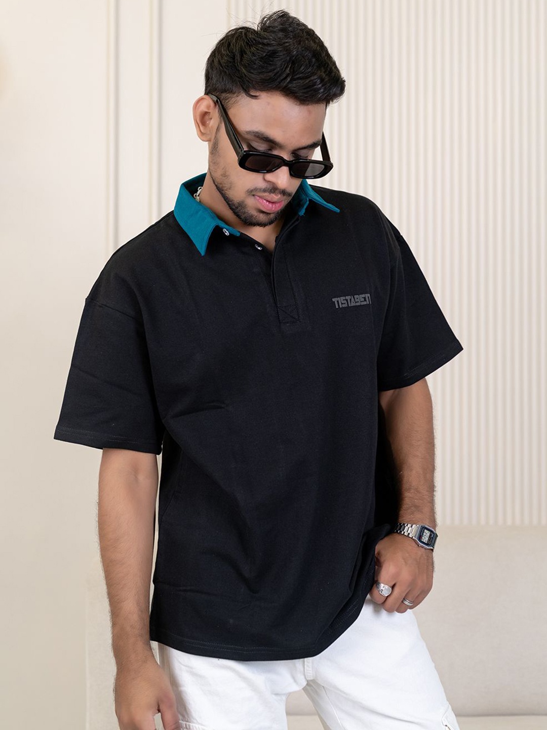 

Tistabene Men Solid Polo Collar Cotton Oversized T-shirt, Black