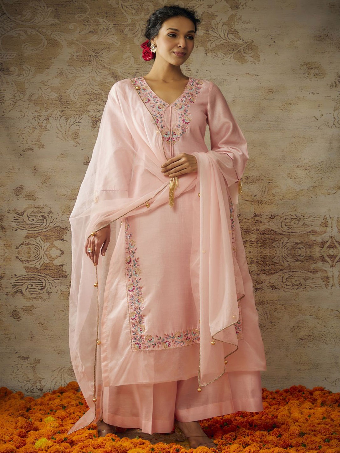 

The Aarya AHALYA Ethnic Motifs Embroidered Chanderi Straight Kurta With Palazzos & Dupatta, Peach