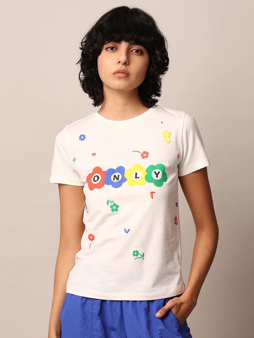 

ONLY Women Graphic Printed Round Neck Cotton T-Shirt, White